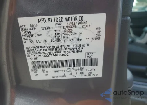 2010 Ford Escape Xlt z USA, uszkodzony, nr VIN 1FMCU0D71AKC94602